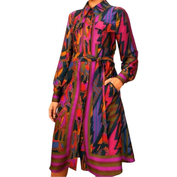 Farm Rio Wild Horses Long Silky Shirt Dress Sz S Multi Belted Long Sleeve NWOT - Picture 16 of 16